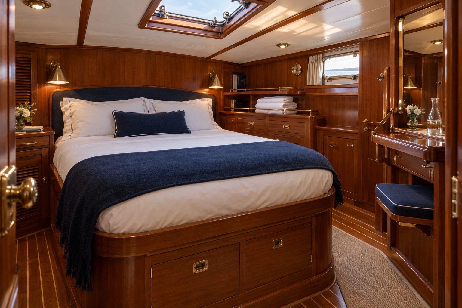 The aft master cabin with white linens and varnished teak joinery