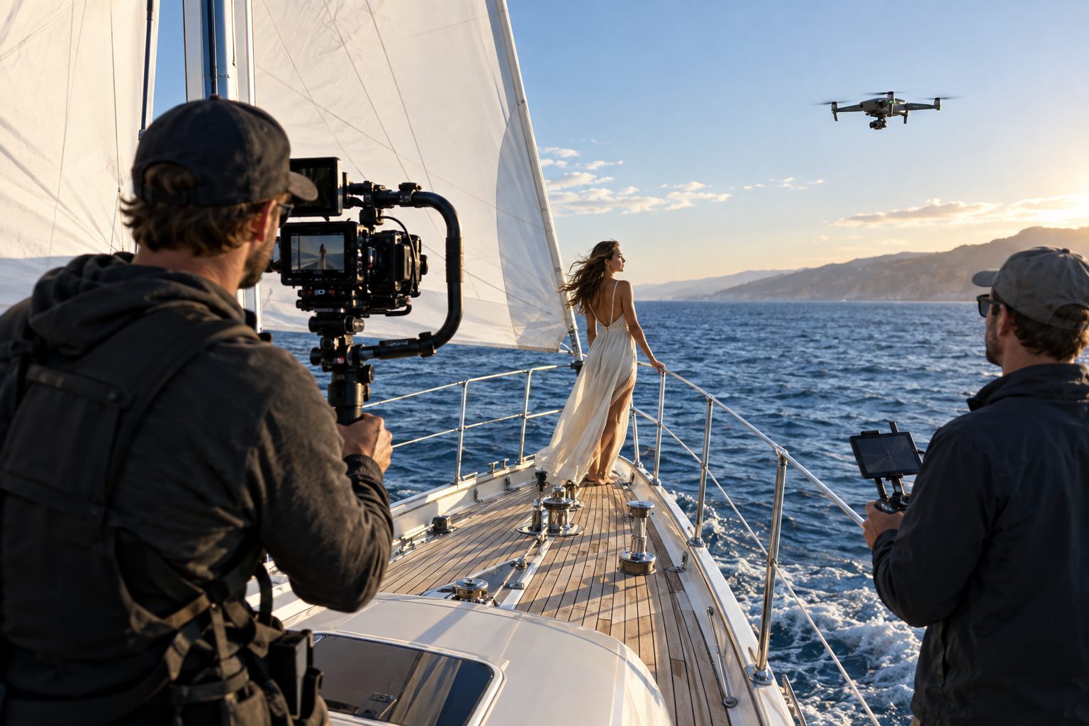 A cinema camera operator filming aboard Kestrel under sail