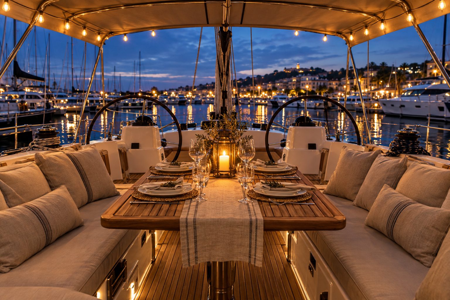 The cockpit set for dinner at dusk with lanterns and marina lights behind